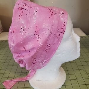 New Pink Patterned Cotton Scrub Cap Adult Sz W/Elastic & Tie Back